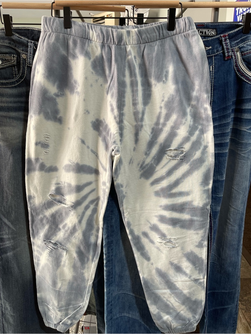 Gilded Intent Blue & White Spiral Tie-Dye Distressed Joggers